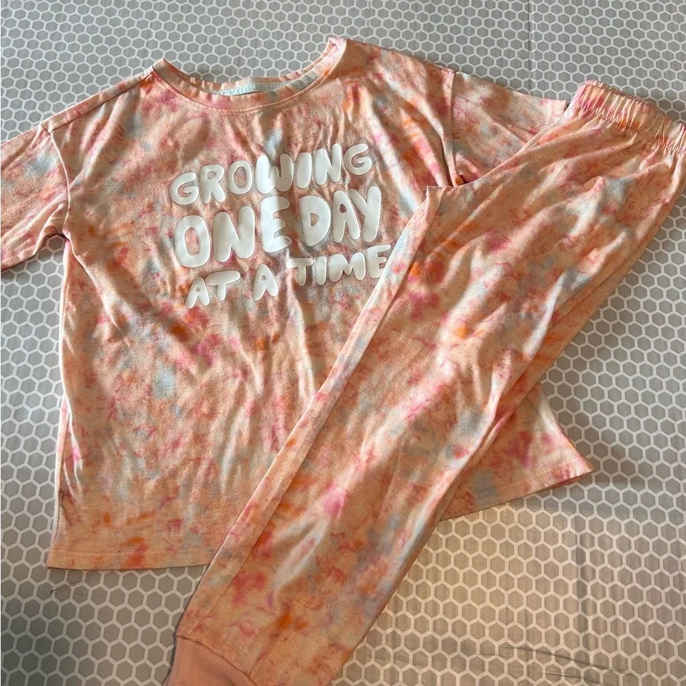 Cat & Jack Peach and Pink Tie-Dye Pajama Set with White Slogan